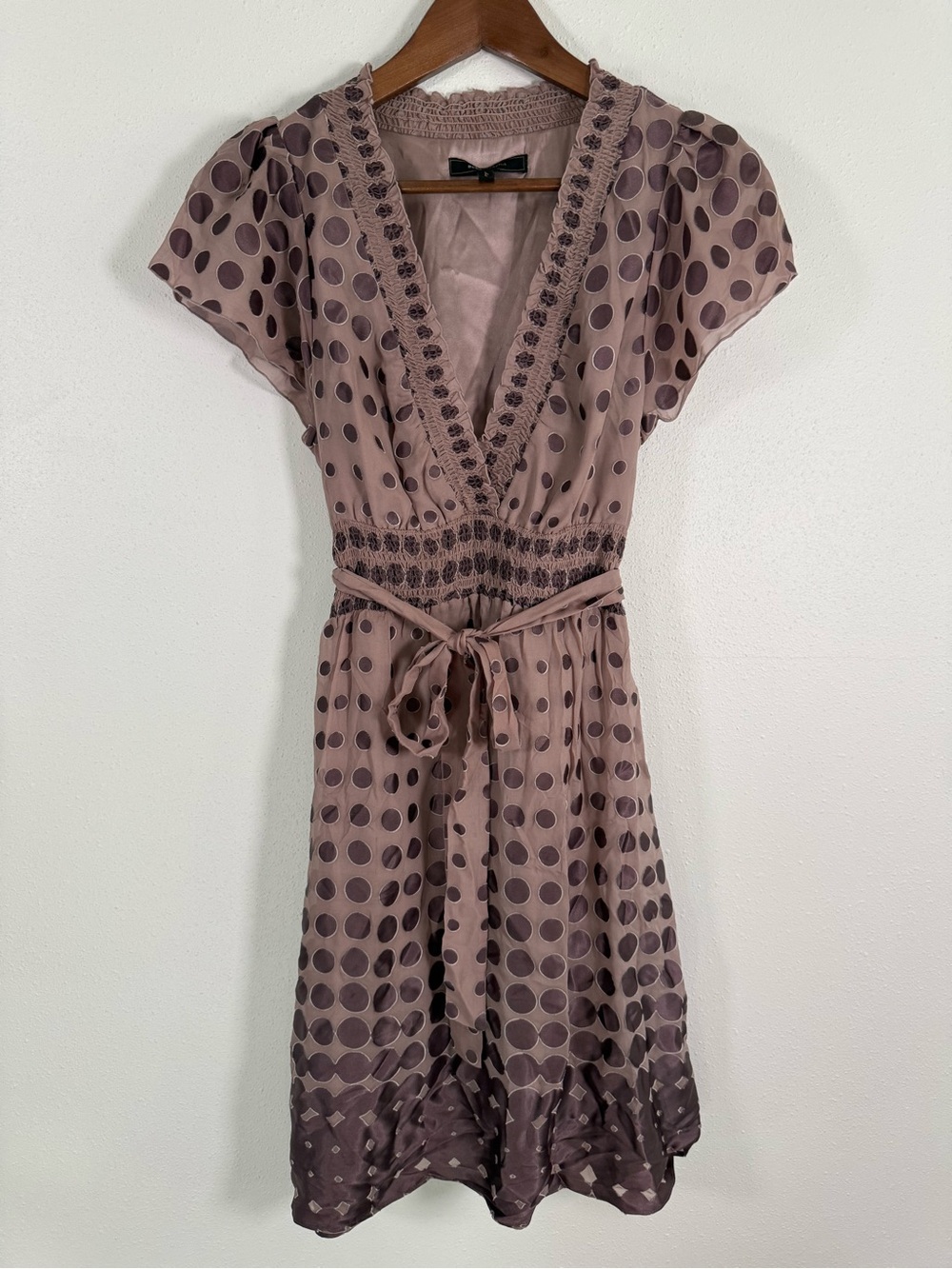 BCBGMaxAzria Silk Polka Dot Dress S Mauve Brown Belted Flutter Sleeve